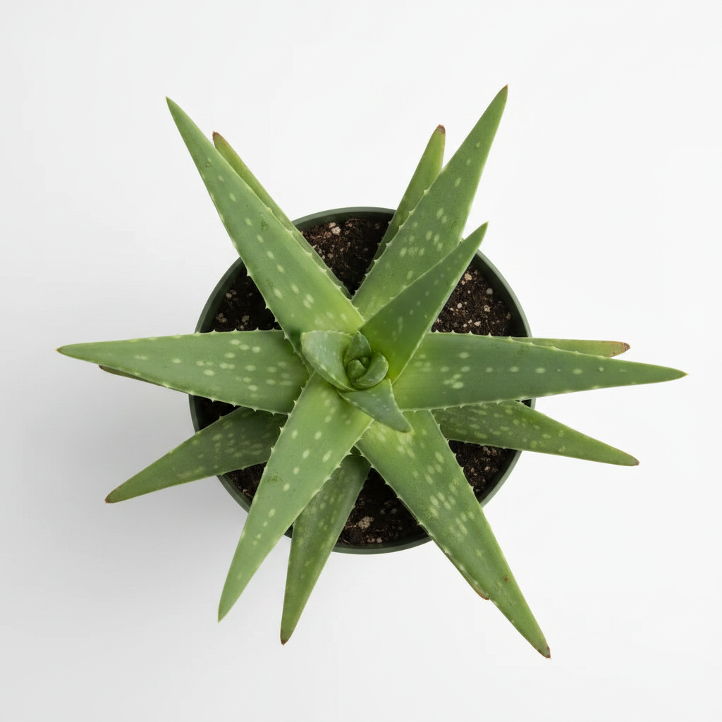 Aloe vera plant top-down view showing rosette of thick succulent green leaves with white spots in a dark green nursery pot