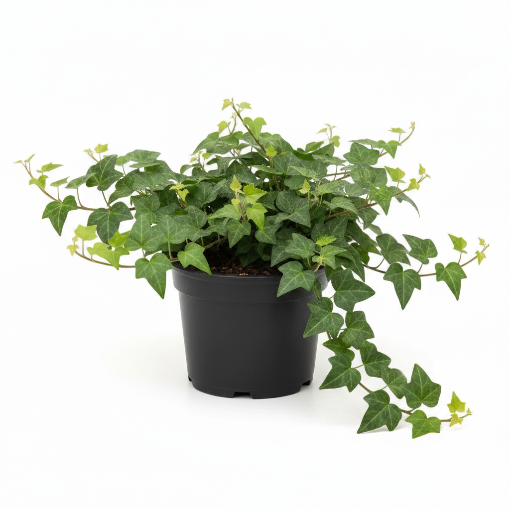 Ivy plant close-up showing trailing vines and lobed green leaves draping over a black nursery pot
