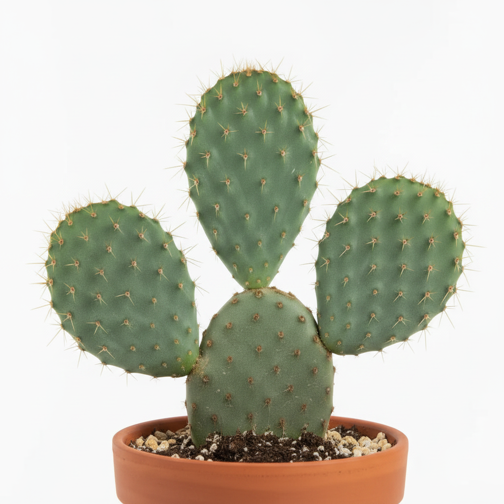 Prickly pear cactus side view showing flat oval pads with fine spines in a terracotta pot
