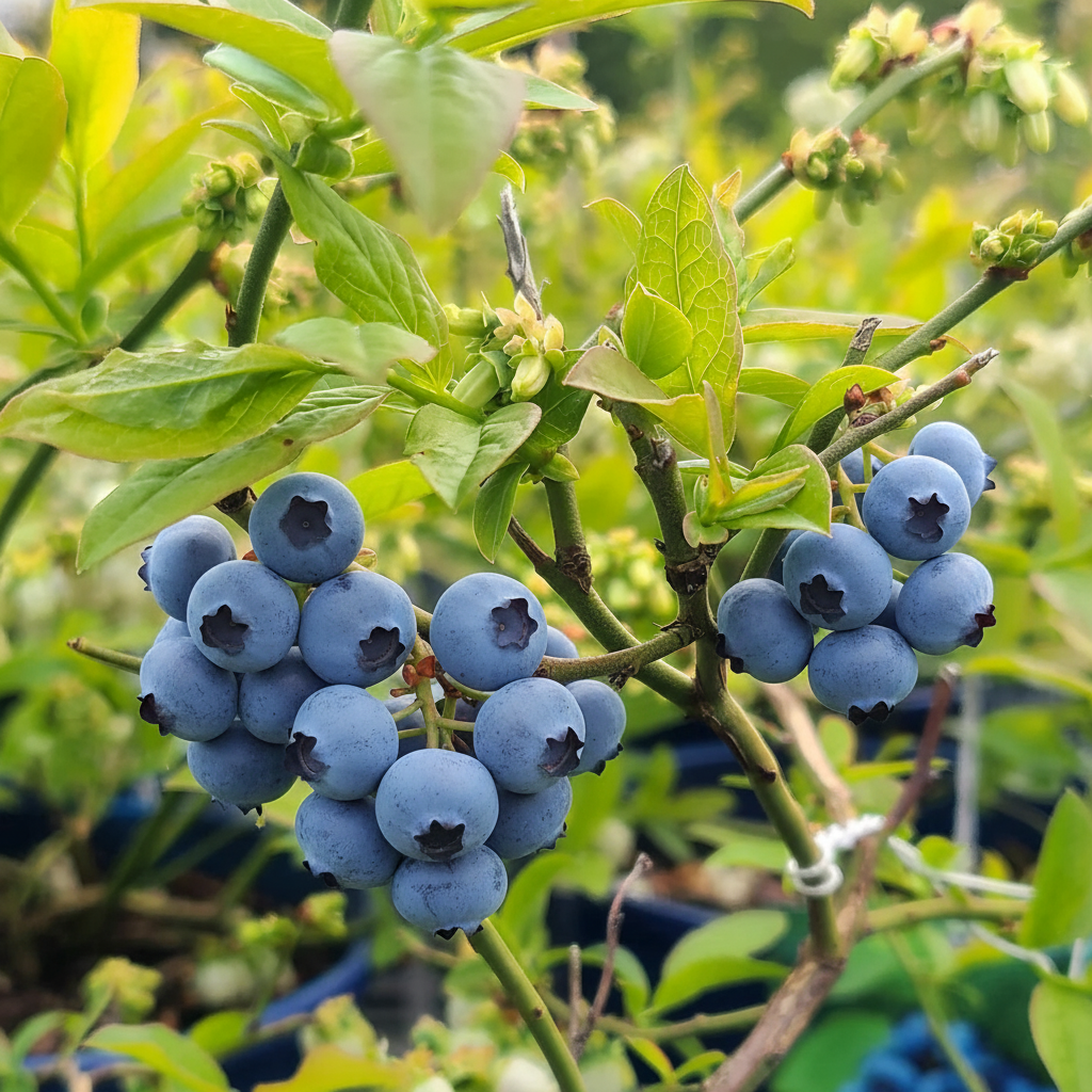 Northcountry blueberry shrub close-up showing clusters of ripe blue berries and green leaves on branches
