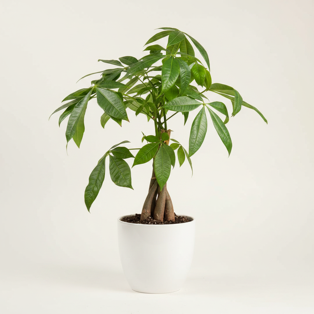 Pachira money tree close-up showing braided trunk and glossy green palmate leaves in a white pot